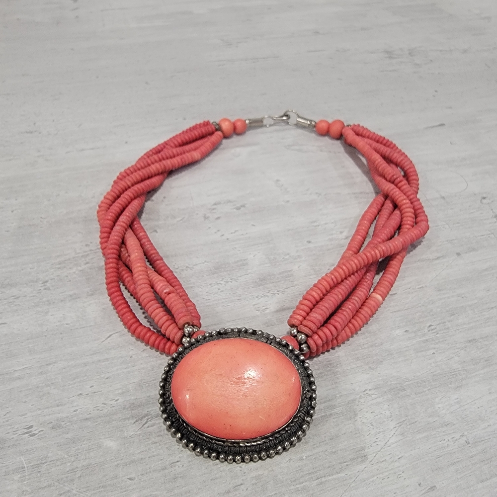 Vintage Boho Coral Multi Strand Beaded Torsade Necklace Tropical Earthy - Picture 17 of 17
